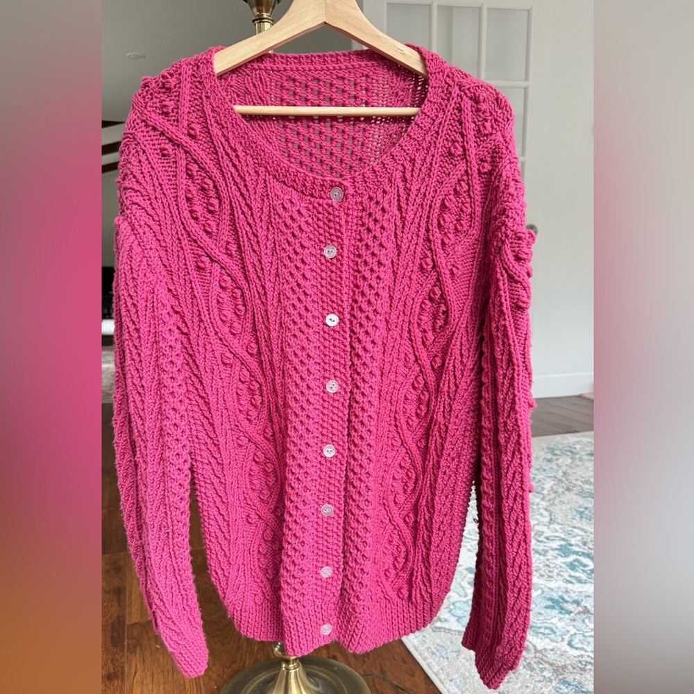 Super cool hand knit chunky cardigan cable knit with pom details size M/L